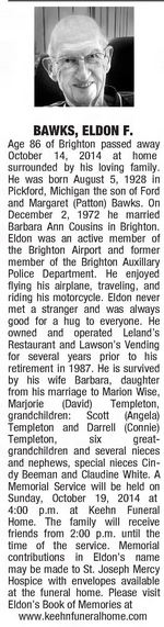 Lelands Restaurant - 2014 Obituary For Eldon F Bawks - Former Owner
